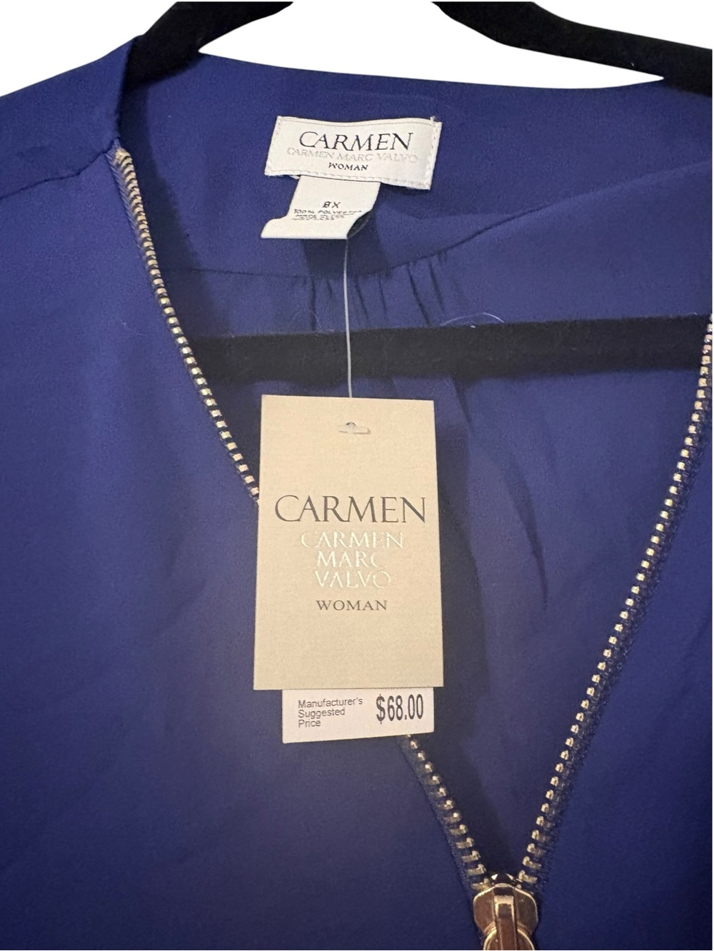 NWT Carmen Marc Valvo Navy Blue Front Zip Blouse ptp 22 , l 26” - Picture 3 of 5